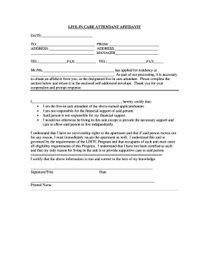 Live-In Care Attendant Affidavit