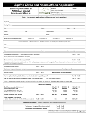 Equine Clubs and Associations Insurance Application