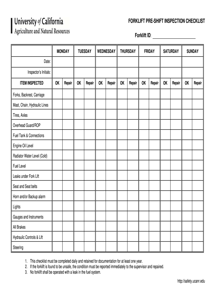 Printable Osha Daily Forklift Inspection Checklist Pdf Fill Online, Printable, Fillable, Blank