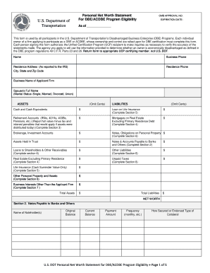 US DOT Personal Net Worth Statement for DBE/ACDBE Program Eligibility