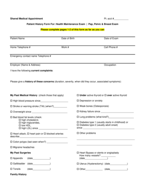 Patient History Form for Health Maintenance Exam