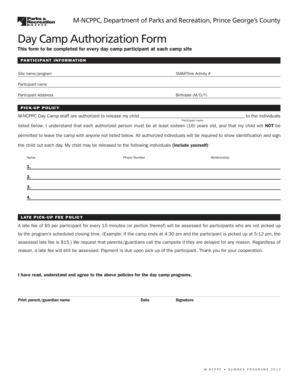 Day Camp Authorization Form