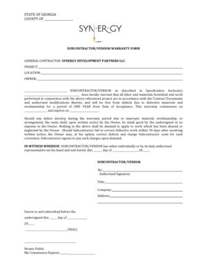 Georgia Subcontractor/Vendor Warranty Form