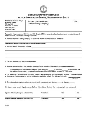 Kentucky Articles of Amendment for Limited Liability Company