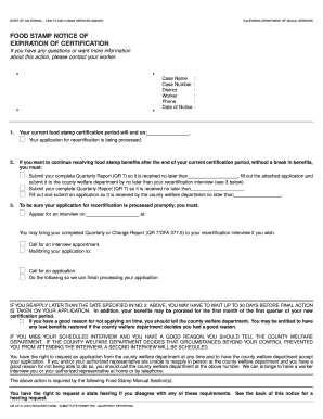 California Food Stamp Notice of Certification Expiration