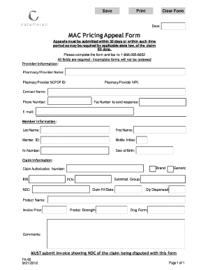 MAC Pricing Appeal Form