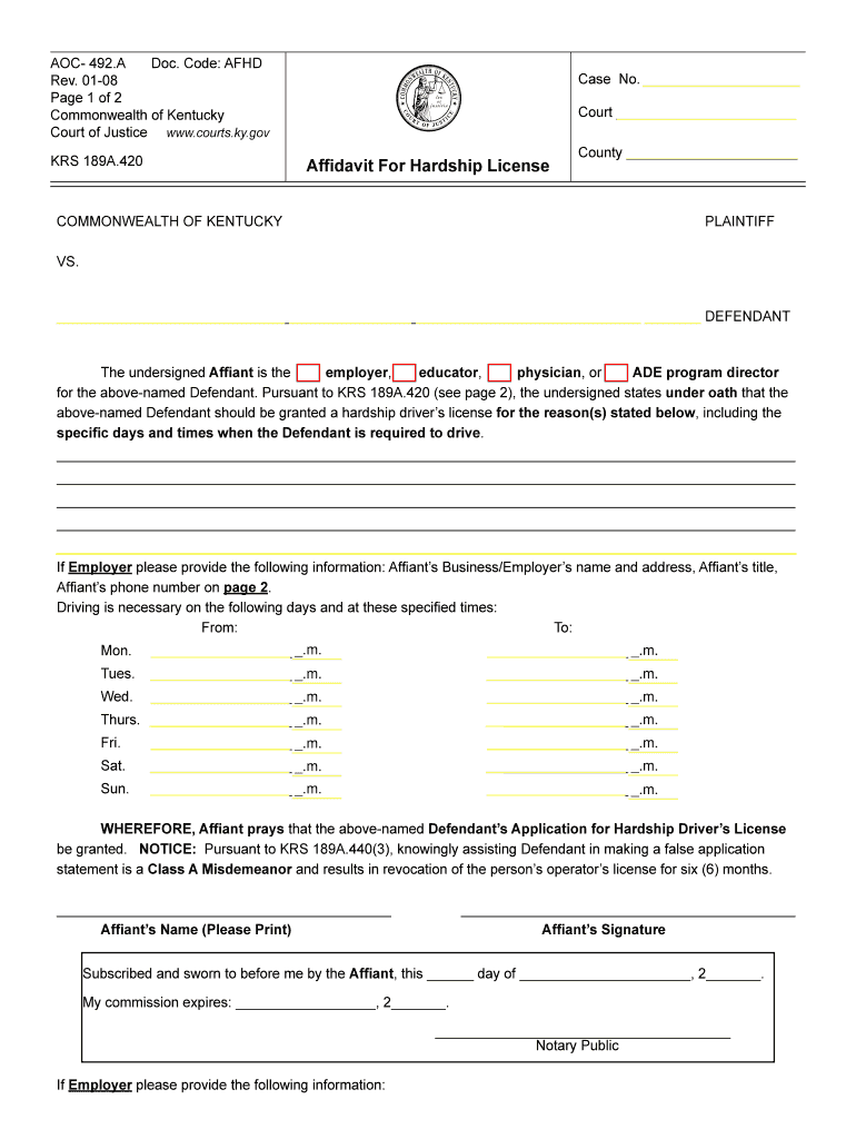 Affidavit For Hardship License - courts ky Preview on Page 1