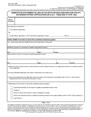 Substitute Statement in Lieu of an Oath or Declaration for Utility or Design Patent Application