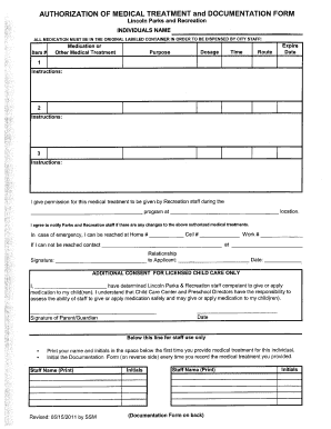 Authorization of Medical Treatment and Documentation Form