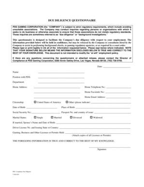 PDS Gaming Corporation Due Diligence Questionnaire
