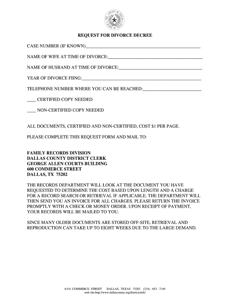 2007 Form TX Request For Divorce Decree County Of Dallas Fill Online 