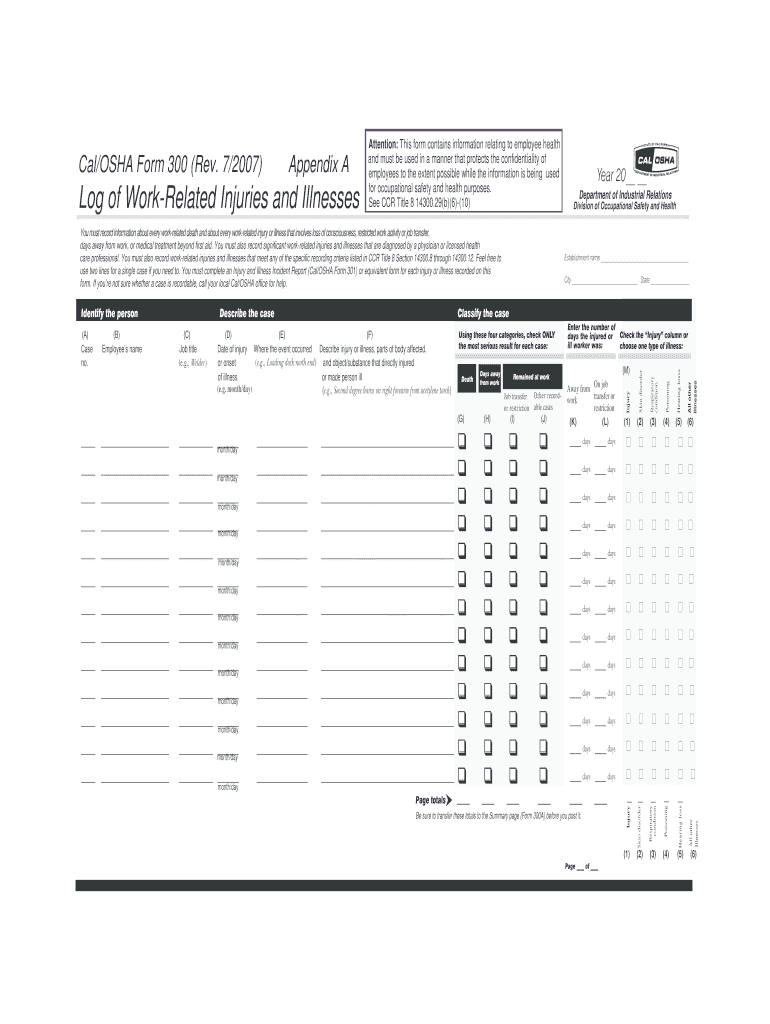 Cal Osha 300 Log Excel Fill Online Printable Fillable Blank Cal Osha 300 Log Excel Fill Online Printable Fillable Blank