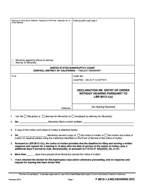 Declaration for Entry of Order Without Hearing