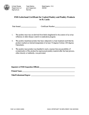 Fillable Online fsis usda FSIS Letterhead Certificate for Cooked ...