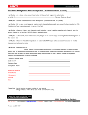 Hilti Fleet Management Reoccurring Credit Card Authorization