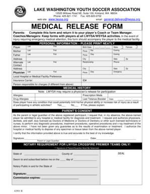 Lake Washington Youth Soccer Medical Release Form