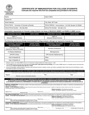 Colorado College Student Immunization Certificate