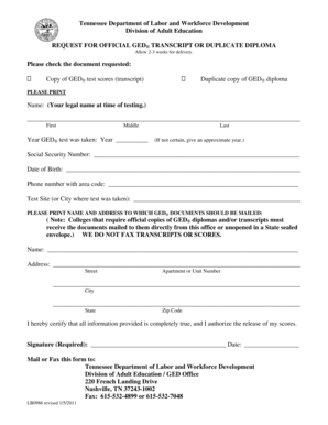 Tennessee GED Transcript or Diploma Request