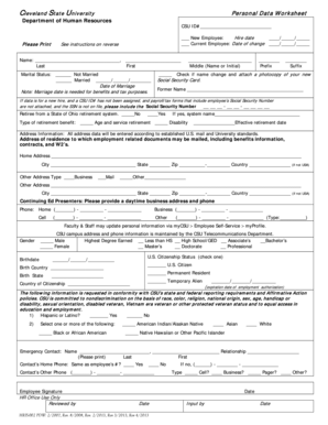 Cleveland State University Personal Data Worksheet