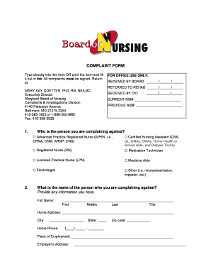 Maryland Board of Nursing Complaint Form