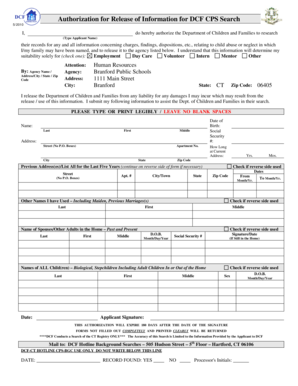 Authorization for Release of Information for DCF CPS Search
