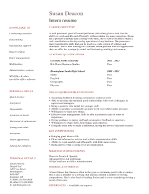 Student intern resume template. Eye catching intern resume that can be used to apply for vacancies that offer no pay but a lot of on the job training instead.