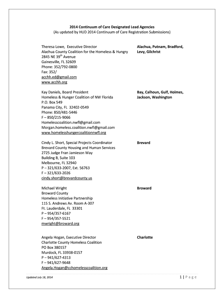 Fillable Online dcf state fl 2016 Continuum of Care Designated Lead ...