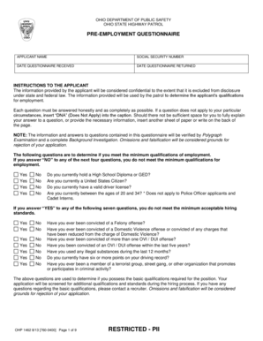 Ohio State Highway Patrol Pre-Employment Questionnaire
