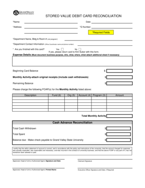 Stored Value Debit Card Reconciliation Form