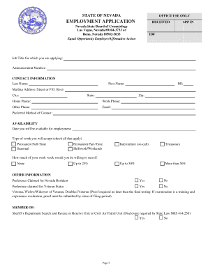 Nevada State Board of Cosmetology Employment Application