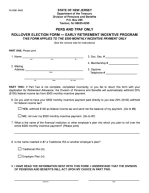 New Jersey Early Retirement Incentive Rollover Election Form