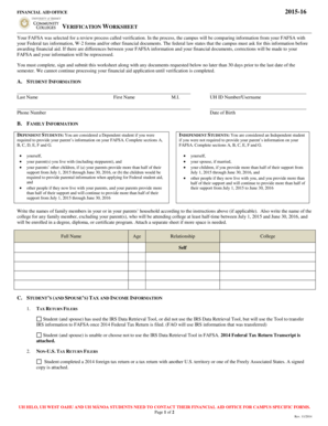 2015-16 Financial Aid Verification Worksheet