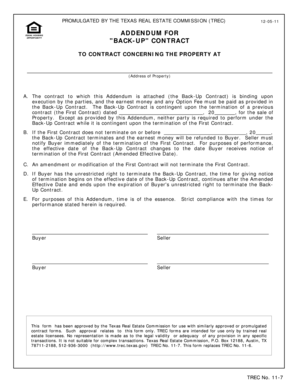 Texas Equal Housing Addendum for Back-Up Contract