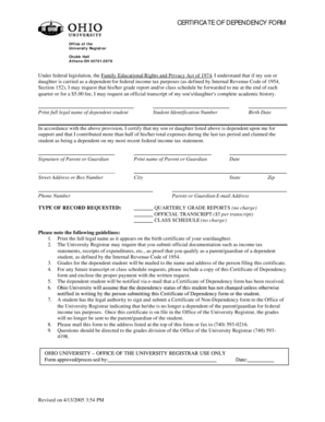 Certificate of Dependency Form