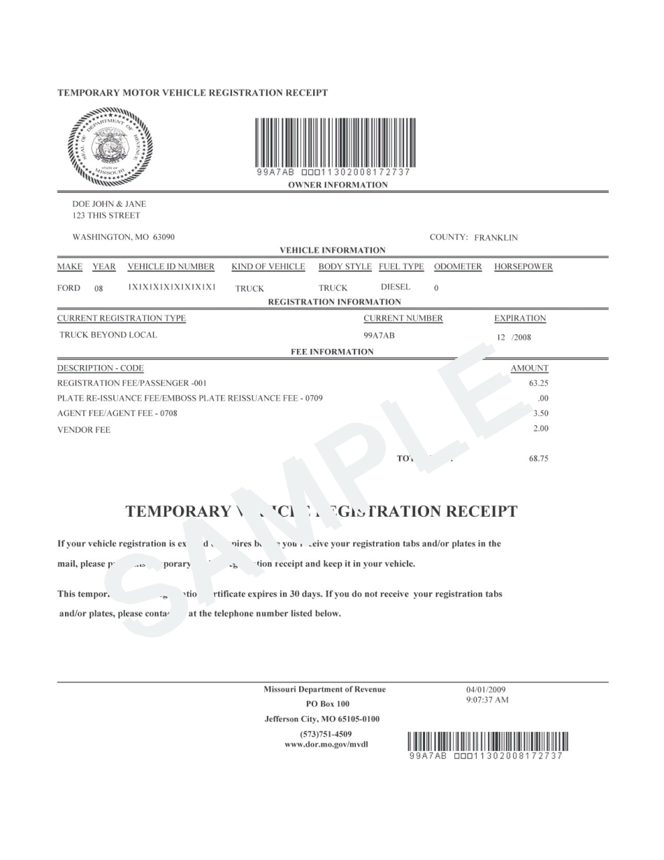 Temporary Motor Vehicle Registration Form