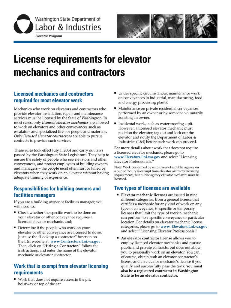 Fillable Online lni wa License requirements for elevator mechanics and