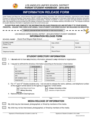 LAUSD Student Directory Information Release Form