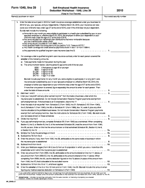 Form 1040 Self-Employed Health Insurance Deduction Worksheet