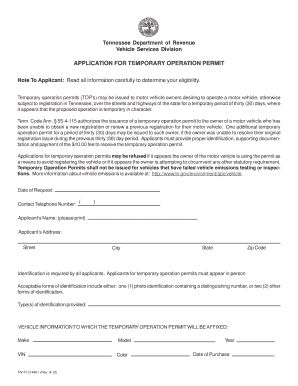 Tennessee Temporary Operation Permit Application
