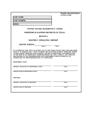 Monthly Operating Report for Bankruptcy