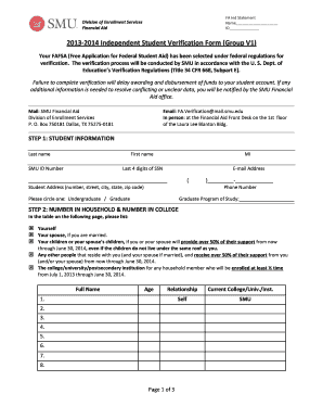 2013-2014 Independent Student Verification Form