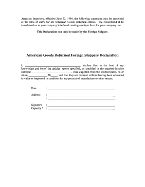 American Goods Returned Foreign Shippers Declaration