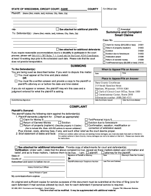 Wisconsin Small Claims Summons and Complaint
