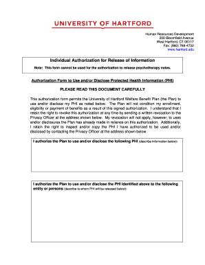 University of Hartford Authorization for Release of PHI