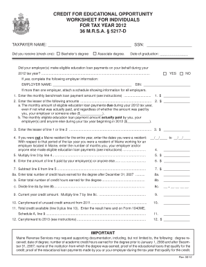 Maine Educational Opportunity Credit Worksheet