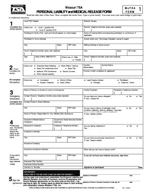 Missouri TSA Personal Liability and Medical Release Form