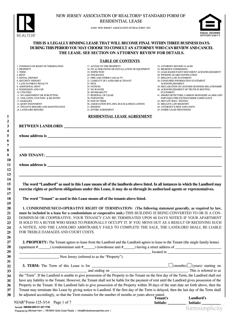 new jersey association of realtors standard form of residential lease Preview on Page 1