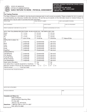 Missouri Early Return to Work Physical Assessment Form