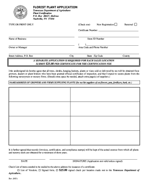Florist Plant Certification Application
