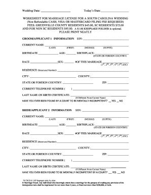 South Carolina Marriage License Application
